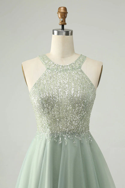 Amzcw Dusty Green A Line Halter Short Homecoming Dress with Sequins