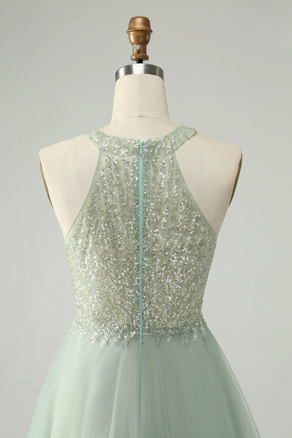 Amzcw Dusty Green A Line Halter Short Homecoming Dress with Sequins