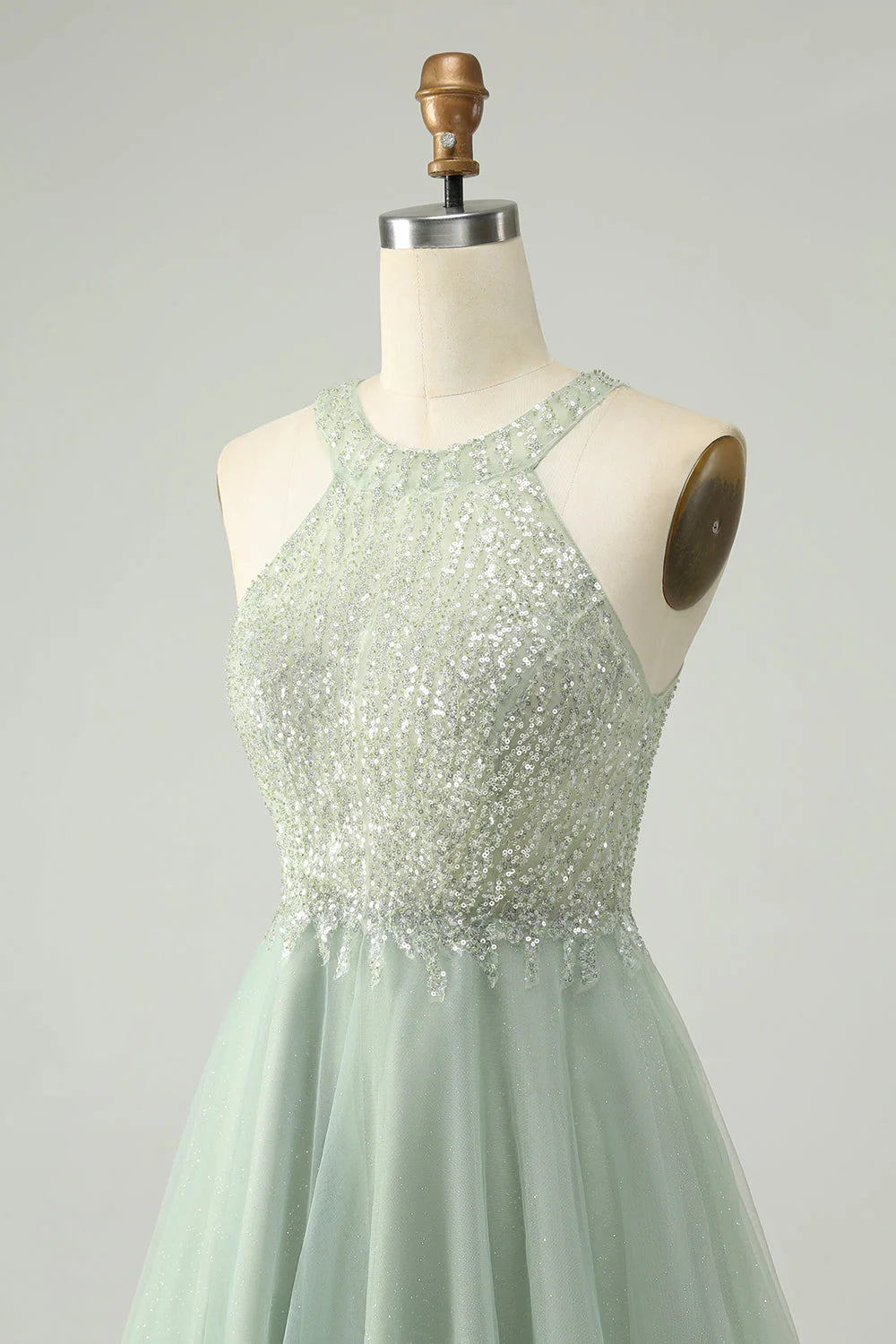Amzcw Dusty Green A Line Halter Short Homecoming Dress with Sequins