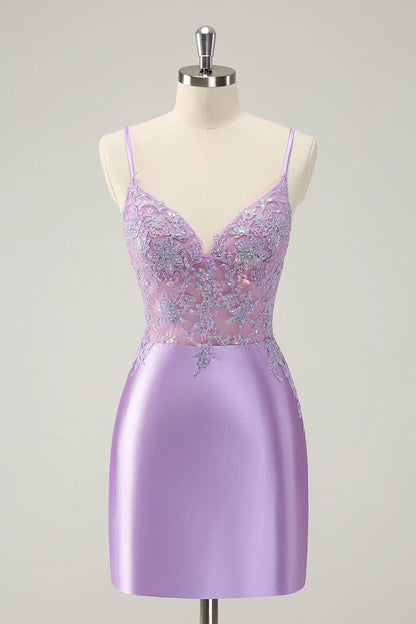 Amzcw Gorgeous Lilac Bodycon Spaghetti Straps Short Homecoming Dress with Sequins