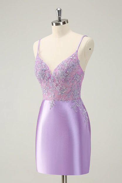 Amzcw Gorgeous Lilac Bodycon Spaghetti Straps Short Homecoming Dress with Sequins