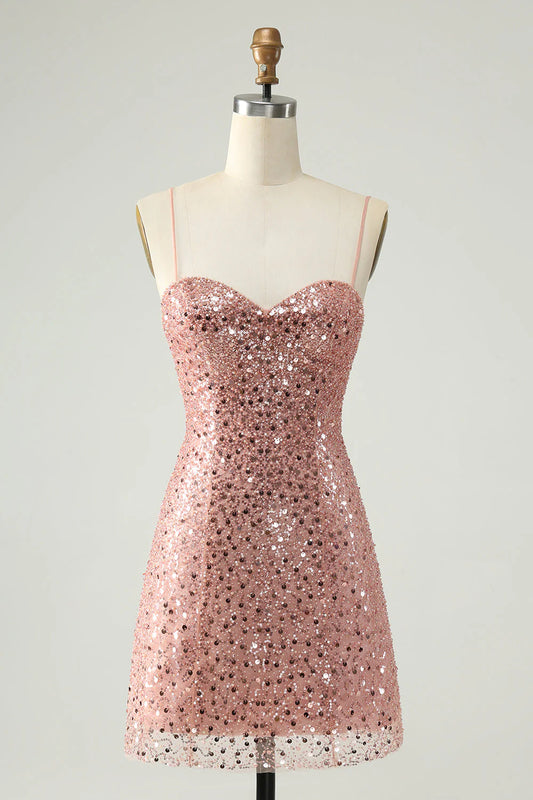 Amzcw Sparkly Blush A Line Spaghetti Straps Short Homecoming Dress with Sequins