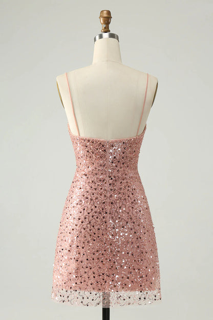 Amzcw Sparkly Blush A Line Spaghetti Straps Short Homecoming Dress with Sequins
