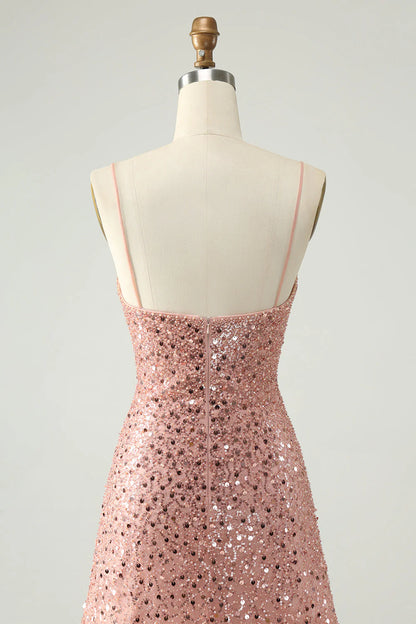Amzcw Sparkly Blush A Line Spaghetti Straps Short Homecoming Dress with Sequins