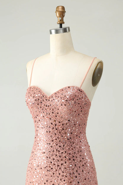 Amzcw Sparkly Blush A Line Spaghetti Straps Short Homecoming Dress with Sequins