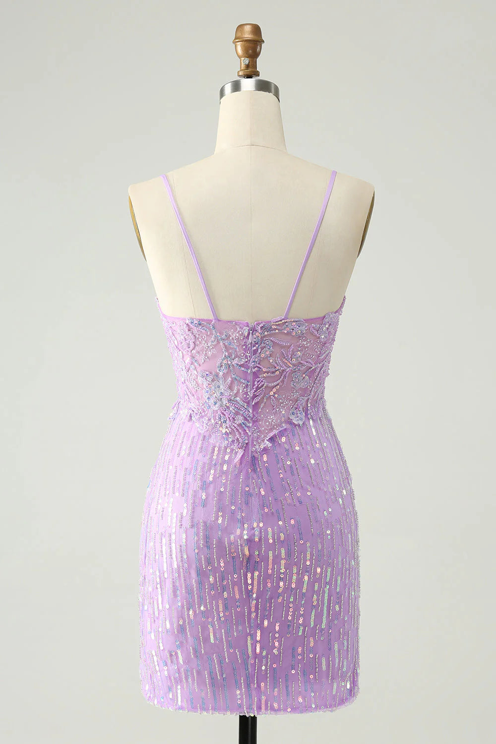 Amzcw Sparkly Lilac Bodycon Spaghetti Straps Sequins Mini Homecoming Dress with Slit