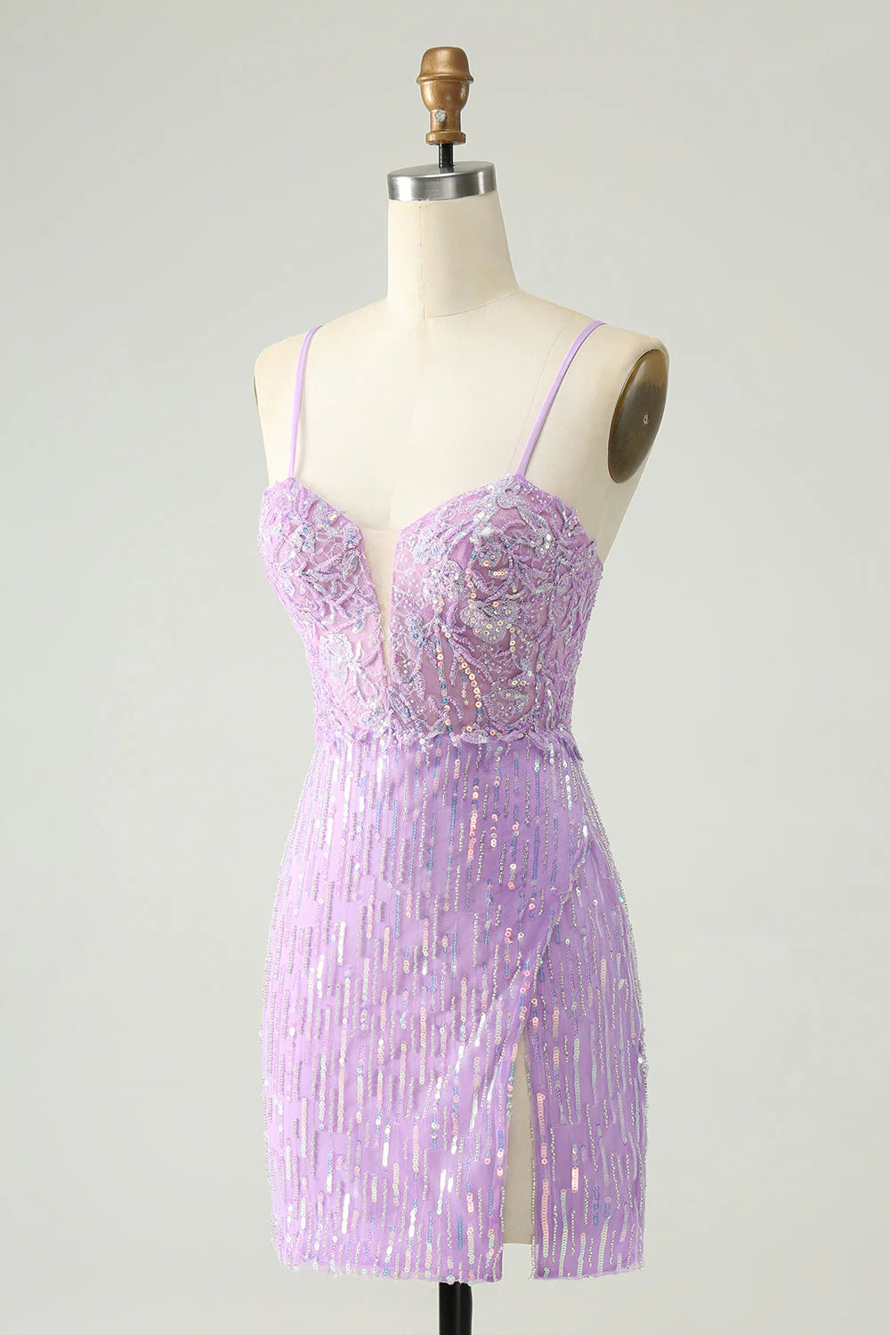 Amzcw Sparkly Lilac Bodycon Spaghetti Straps Sequins Mini Homecoming Dress with Slit