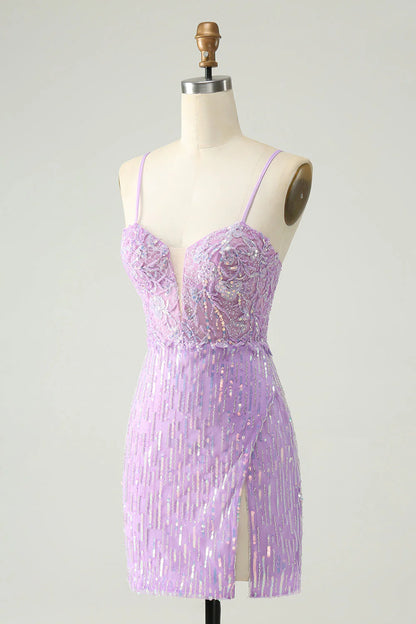 Amzcw Sparkly Lilac Bodycon Spaghetti Straps Sequins Mini Homecoming Dress with Slit