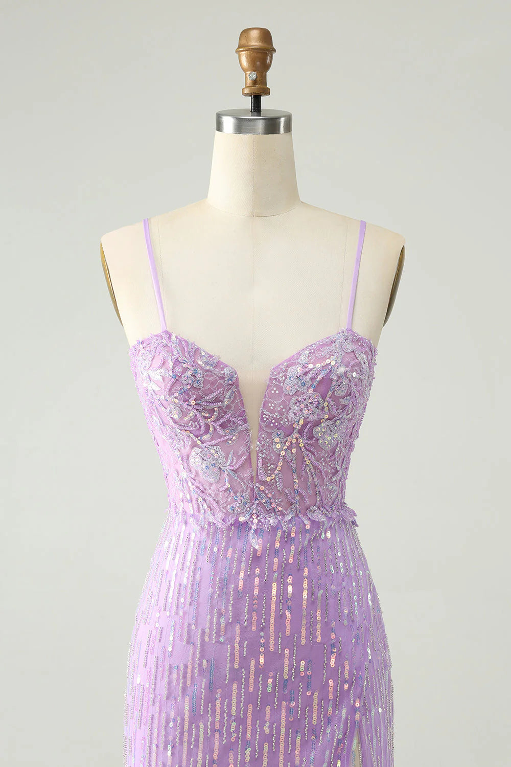 Amzcw Sparkly Lilac Bodycon Spaghetti Straps Sequins Mini Homecoming Dress with Slit