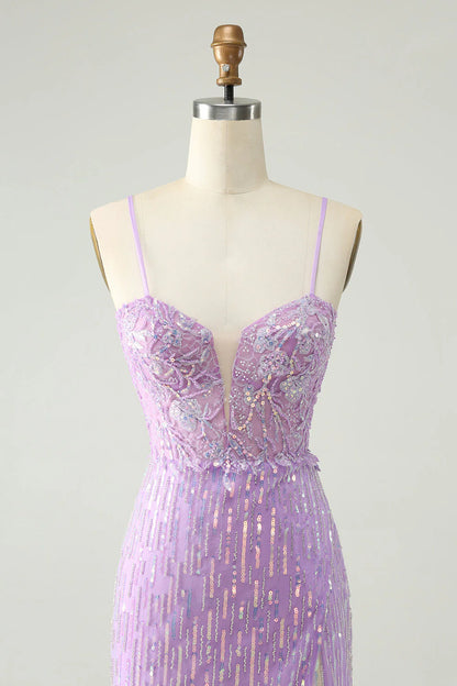 Amzcw Sparkly Lilac Bodycon Spaghetti Straps Sequins Mini Homecoming Dress with Slit