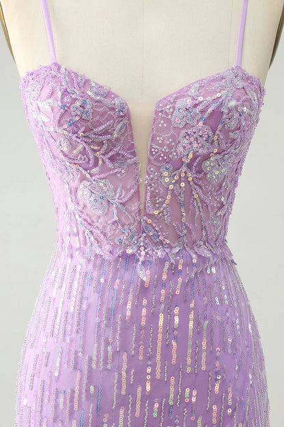 Amzcw Sparkly Lilac Bodycon Spaghetti Straps Sequins Mini Homecoming Dress with Slit