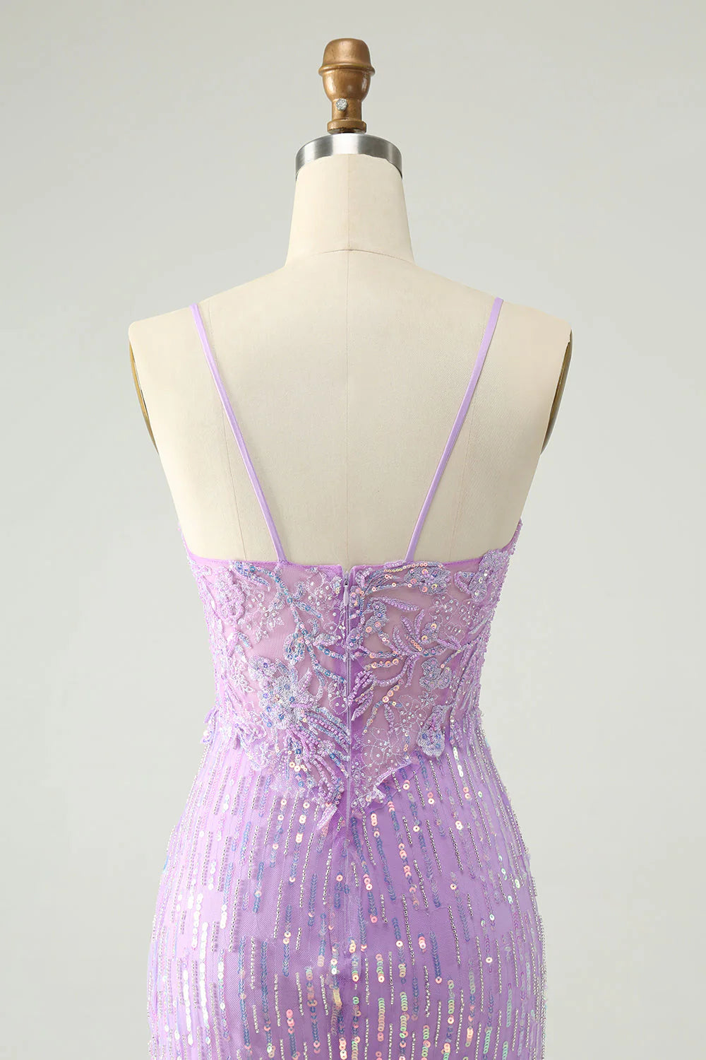Amzcw Sparkly Lilac Bodycon Spaghetti Straps Sequins Mini Homecoming Dress with Slit