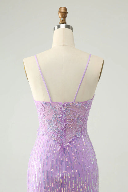 Amzcw Sparkly Lilac Bodycon Spaghetti Straps Sequins Mini Homecoming Dress with Slit