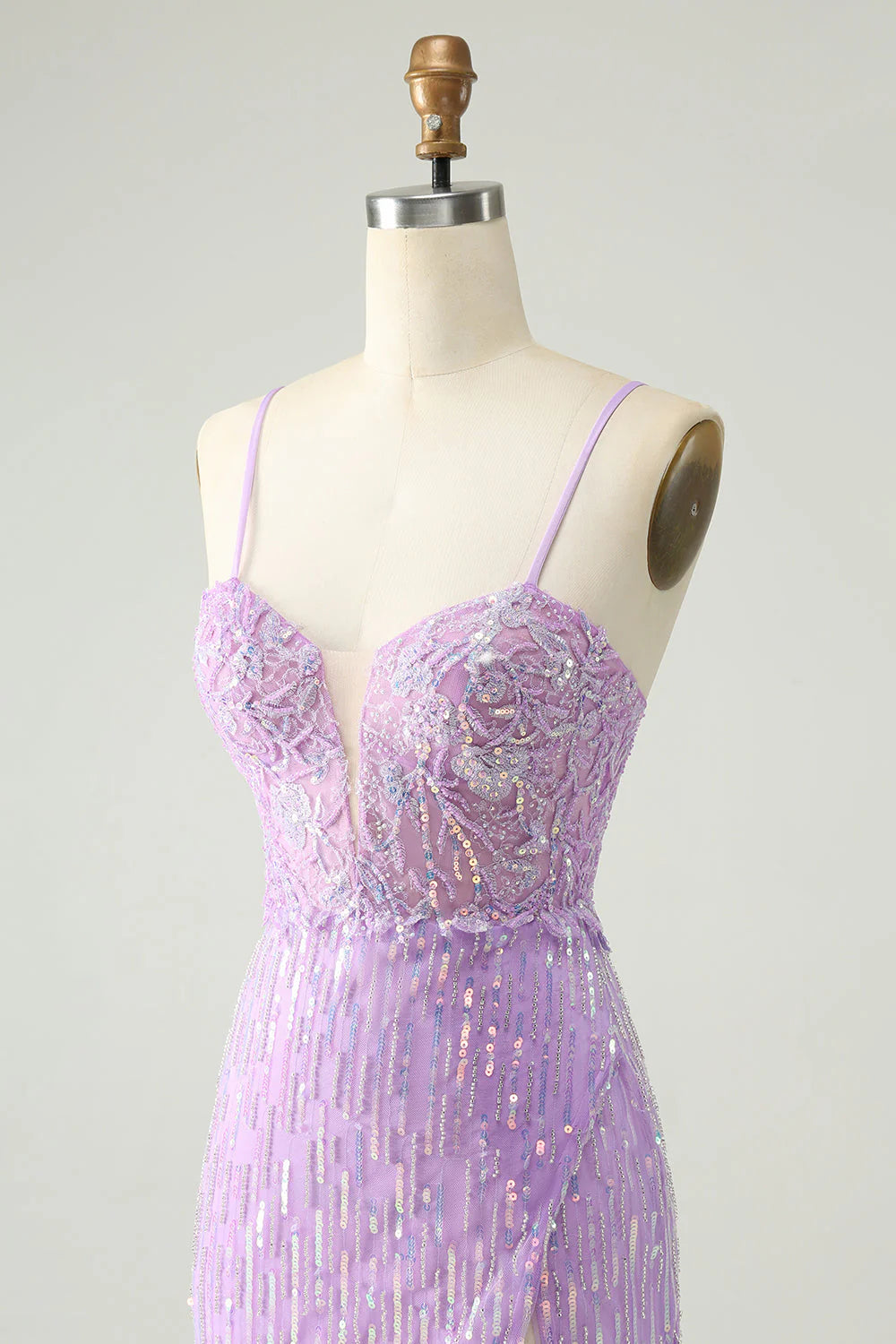 Amzcw Sparkly Lilac Bodycon Spaghetti Straps Sequins Mini Homecoming Dress with Slit