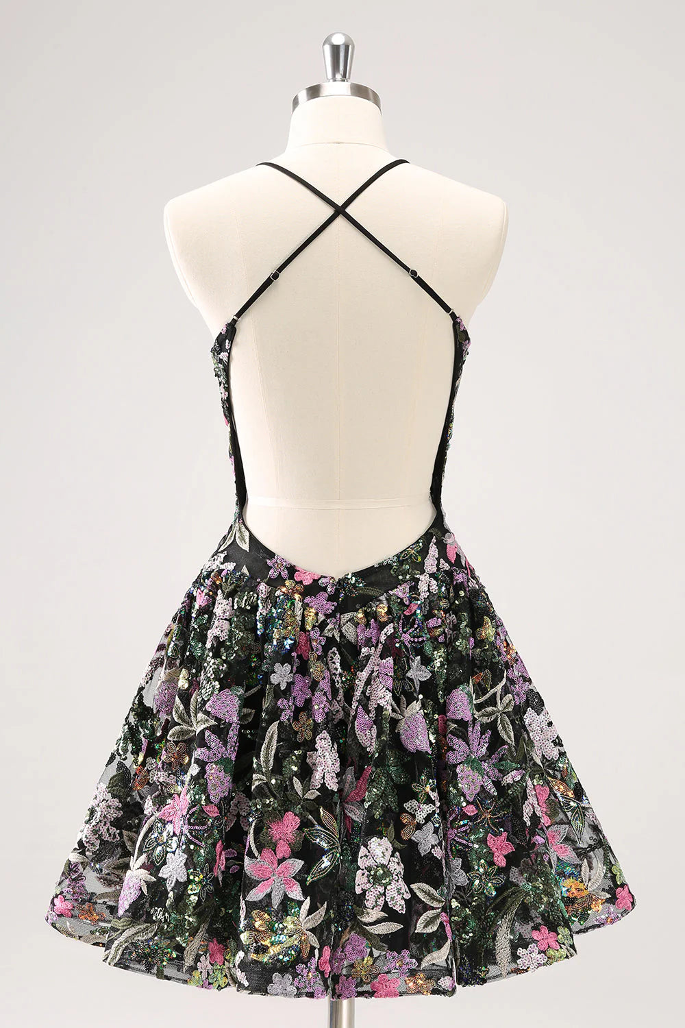 Amzcw Sparkly Black A Line Floral Short Homecoming Dress with Sequins