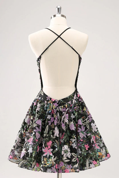 Amzcw Sparkly Black A Line Floral Short Homecoming Dress with Sequins