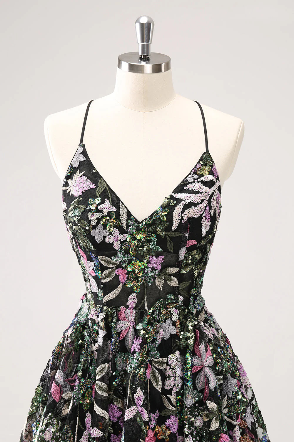 Amzcw Sparkly Black A Line Floral Short Homecoming Dress with Sequins