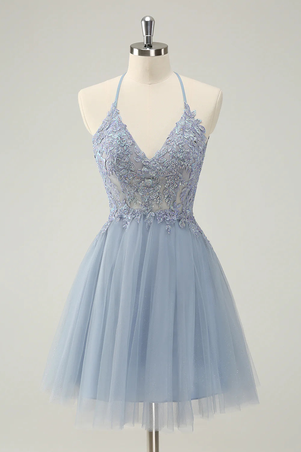 Amzcw Cute Dusty Blue A Line Spaghetti Straps Beaded Short Homecoming Dress with Appliques