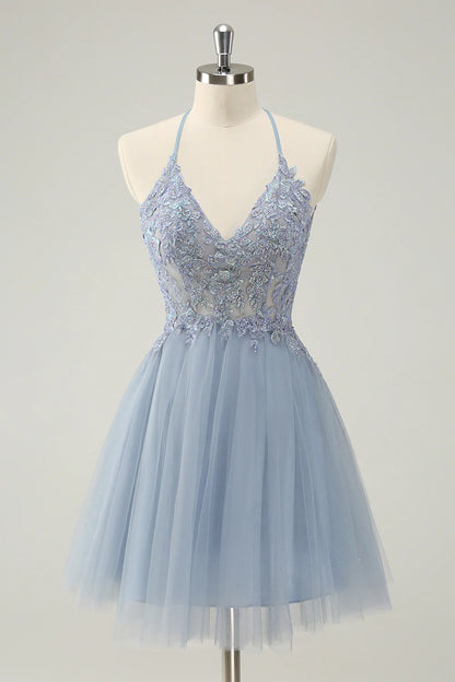 Amzcw Cute Dusty Blue A Line Spaghetti Straps Beaded Short Homecoming Dress with Appliques
