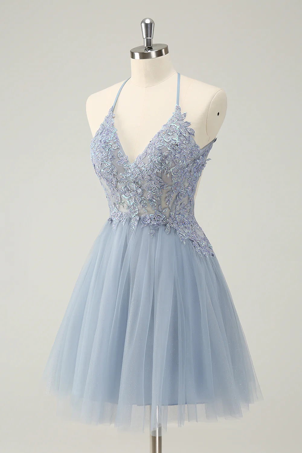 Amzcw Cute Dusty Blue A Line Spaghetti Straps Beaded Short Homecoming Dress with Appliques
