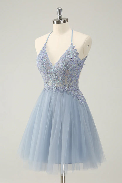 Amzcw Cute Dusty Blue A Line Spaghetti Straps Beaded Short Homecoming Dress with Appliques