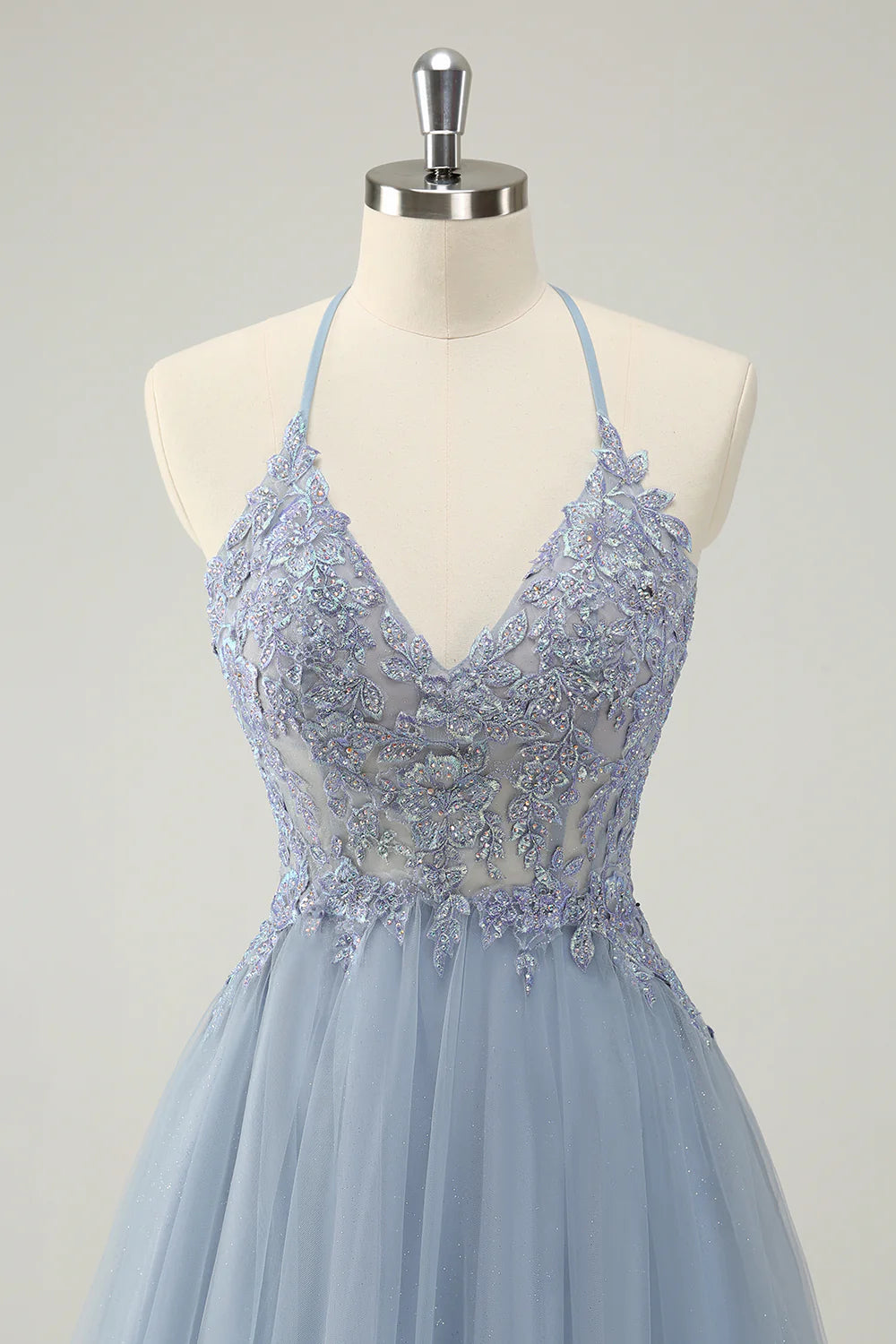 Amzcw Cute Dusty Blue A Line Spaghetti Straps Beaded Short Homecoming Dress with Appliques