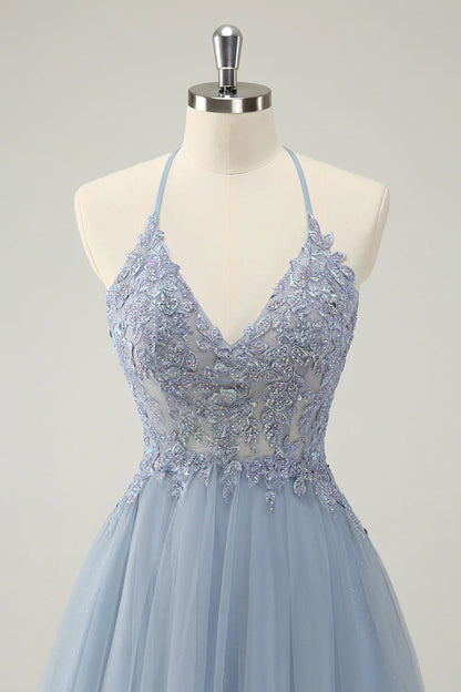Amzcw Cute Dusty Blue A Line Spaghetti Straps Beaded Short Homecoming Dress with Appliques