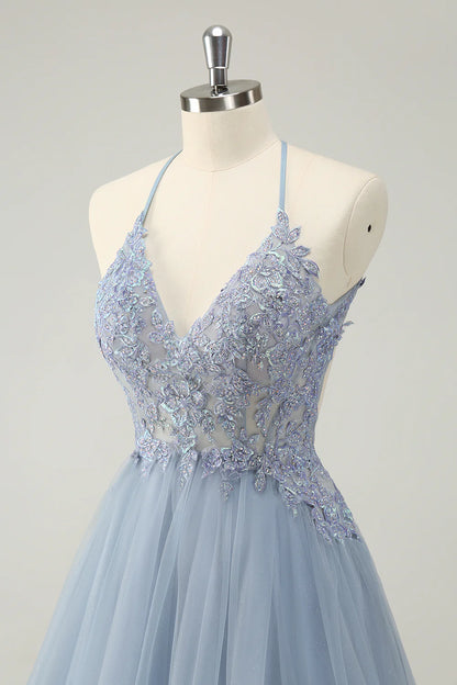 Amzcw Cute Dusty Blue A Line Spaghetti Straps Beaded Short Homecoming Dress with Appliques