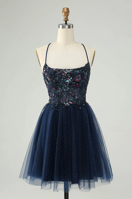 Amzcw Glitter Navy A Line Spaghetti Straps Backless Tulle Homecoming Dress with Sequins