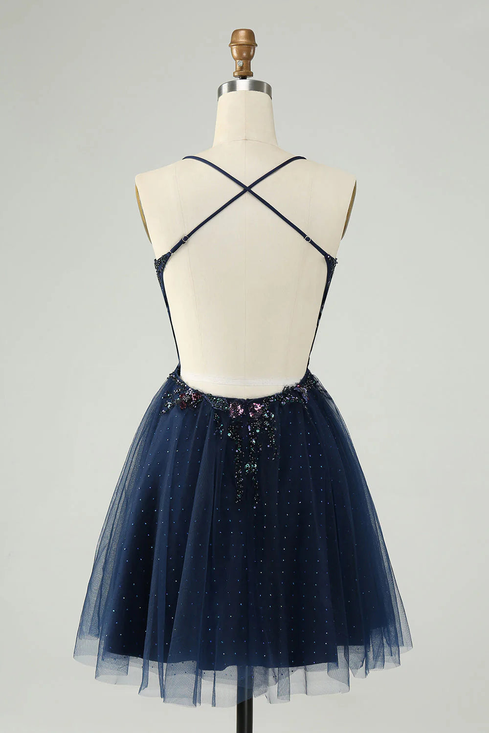 Amzcw Glitter Navy A Line Spaghetti Straps Backless Tulle Homecoming Dress with Sequins