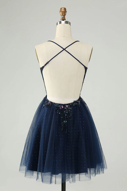 Amzcw Glitter Navy A Line Spaghetti Straps Backless Tulle Homecoming Dress with Sequins