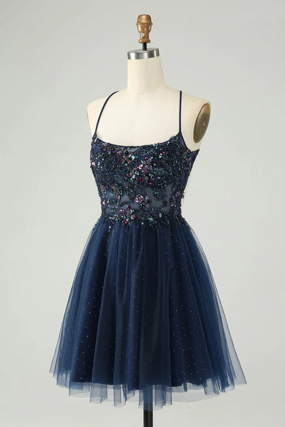 Amzcw Glitter Navy A Line Spaghetti Straps Backless Tulle Homecoming Dress with Sequins