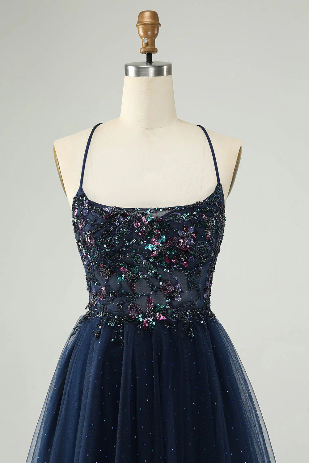 Amzcw Glitter Navy A Line Spaghetti Straps Backless Tulle Homecoming Dress with Sequins