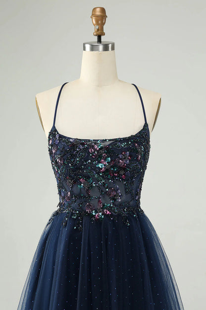 Amzcw Glitter Navy A Line Spaghetti Straps Backless Tulle Homecoming Dress with Sequins