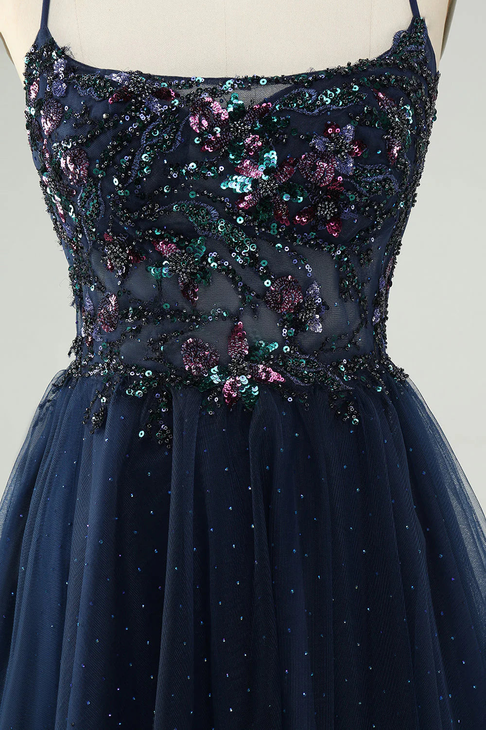 Amzcw Glitter Navy A Line Spaghetti Straps Backless Tulle Homecoming Dress with Sequins