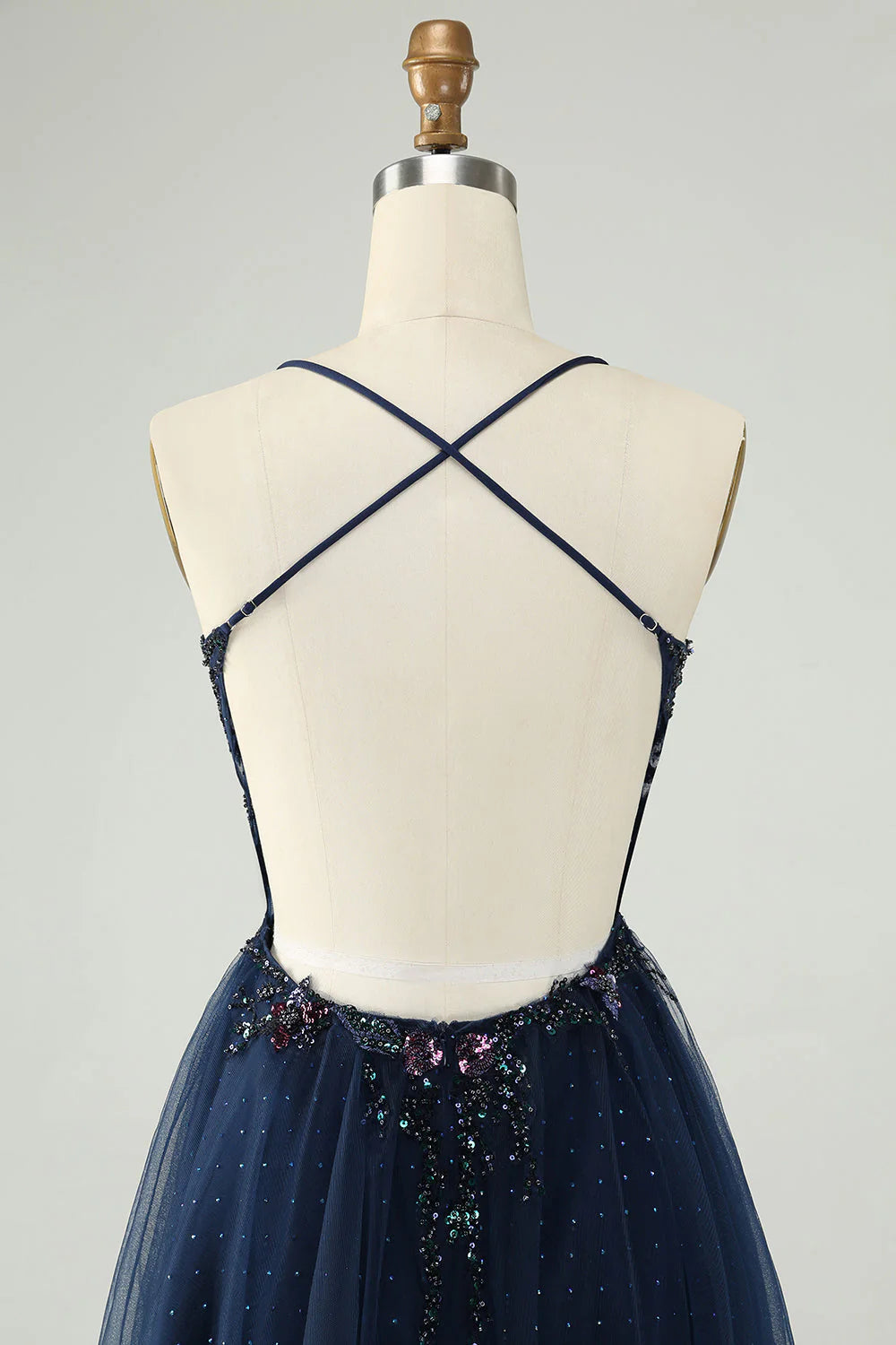 Amzcw Glitter Navy A Line Spaghetti Straps Backless Tulle Homecoming Dress with Sequins