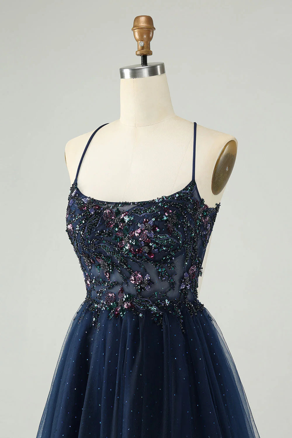 Amzcw Glitter Navy A Line Spaghetti Straps Backless Tulle Homecoming Dress with Sequins