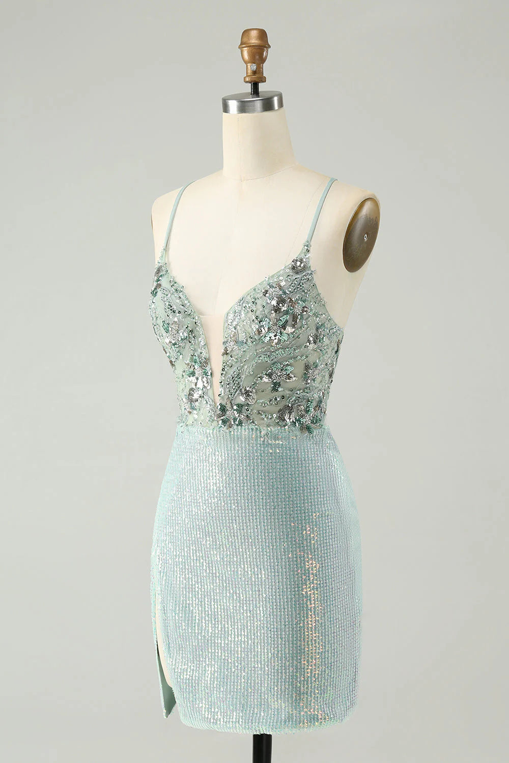 Amzcw Sparkly Dusty Green Bodycon Spaghetti Straps Short Homecoming Dress with Sequins
