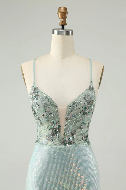 Amzcw Sparkly Dusty Green Bodycon Spaghetti Straps Short Homecoming Dress with Sequins