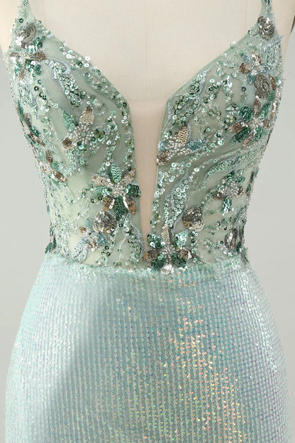 Amzcw Sparkly Dusty Green Bodycon Spaghetti Straps Short Homecoming Dress with Sequins