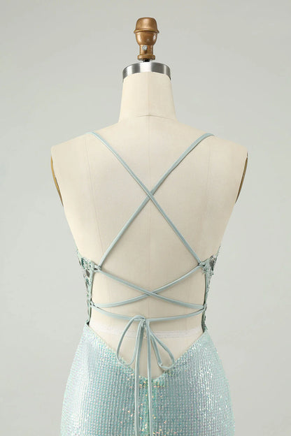 Amzcw Sparkly Dusty Green Bodycon Spaghetti Straps Short Homecoming Dress with Sequins