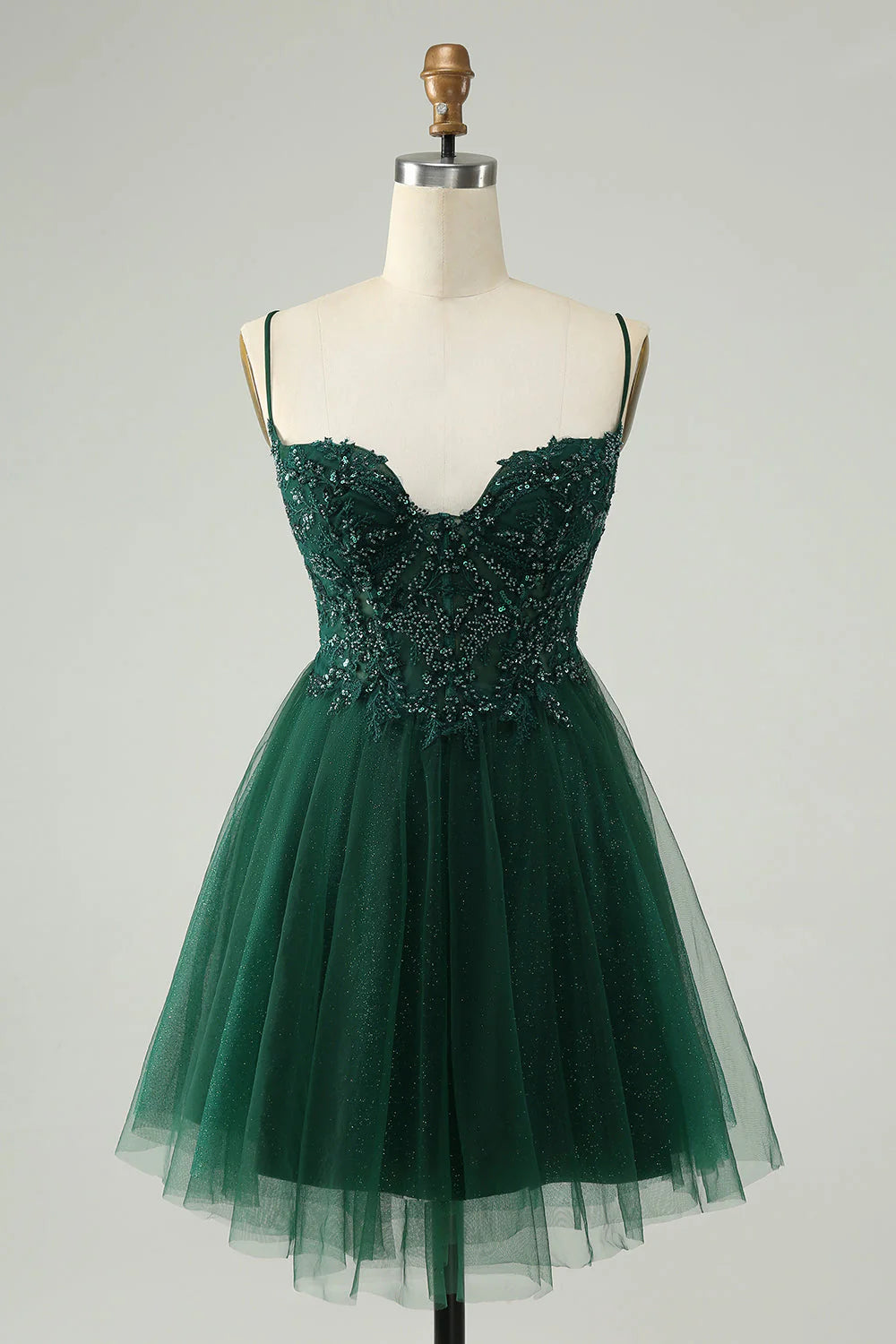 Amzcw Glitter Dark Green A Line Beaded Tulle Homecoming Dress with Appliques