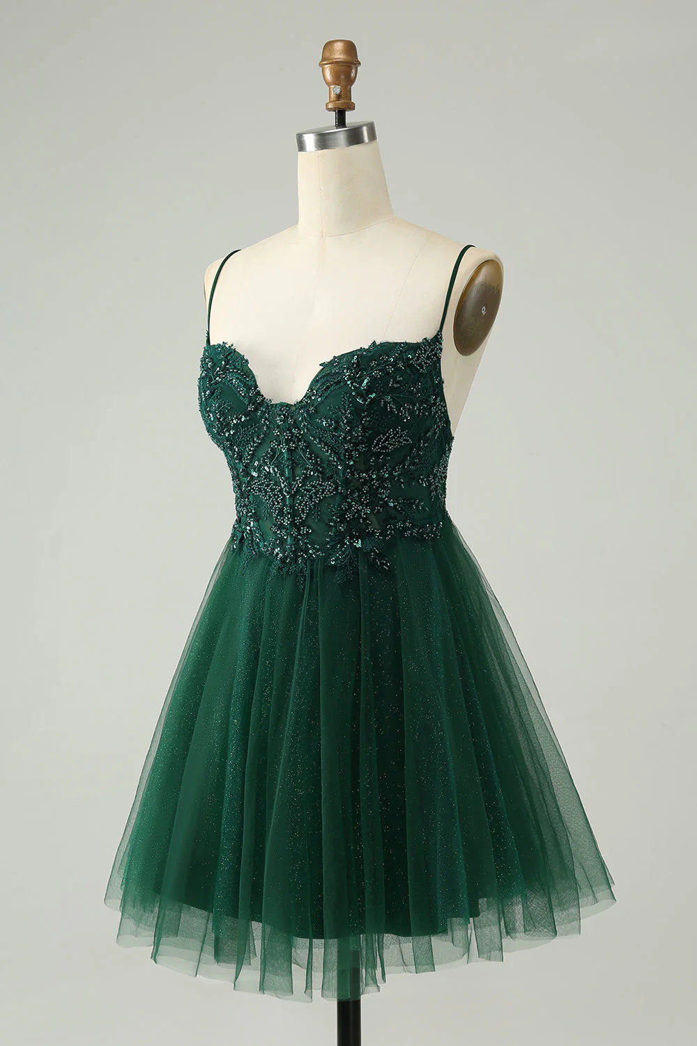 Amzcw Glitter Dark Green A Line Beaded Tulle Homecoming Dress with Appliques