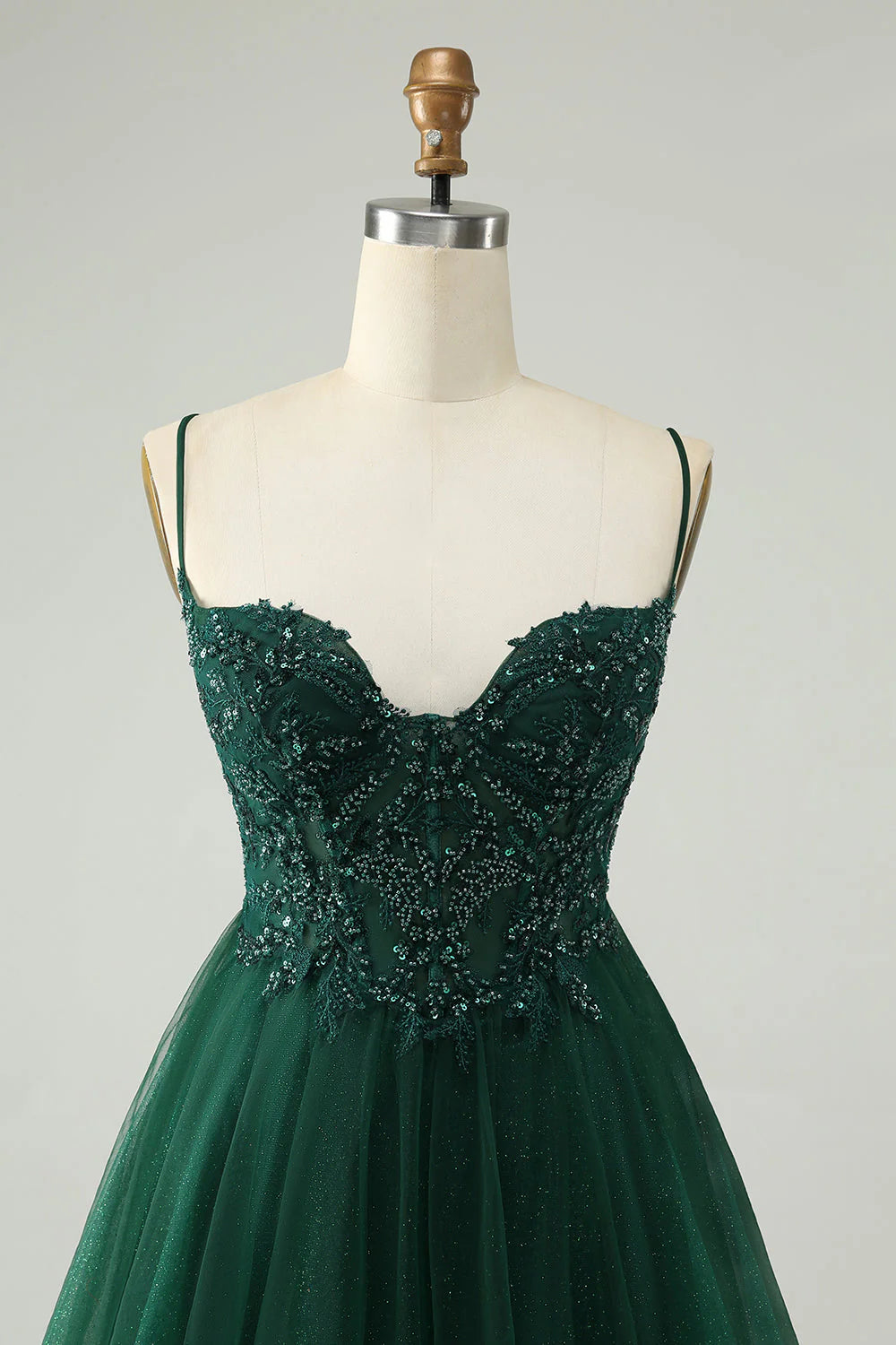 Amzcw Glitter Dark Green A Line Beaded Tulle Homecoming Dress with Appliques