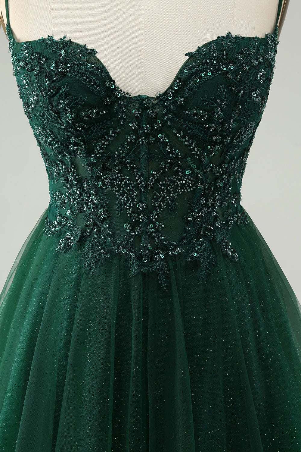 Amzcw Glitter Dark Green A Line Beaded Tulle Homecoming Dress with Appliques