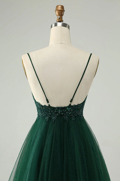 Amzcw Glitter Dark Green A Line Beaded Tulle Homecoming Dress with Appliques