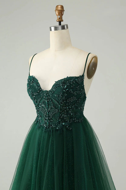 Amzcw Glitter Dark Green A Line Beaded Tulle Homecoming Dress with Appliques