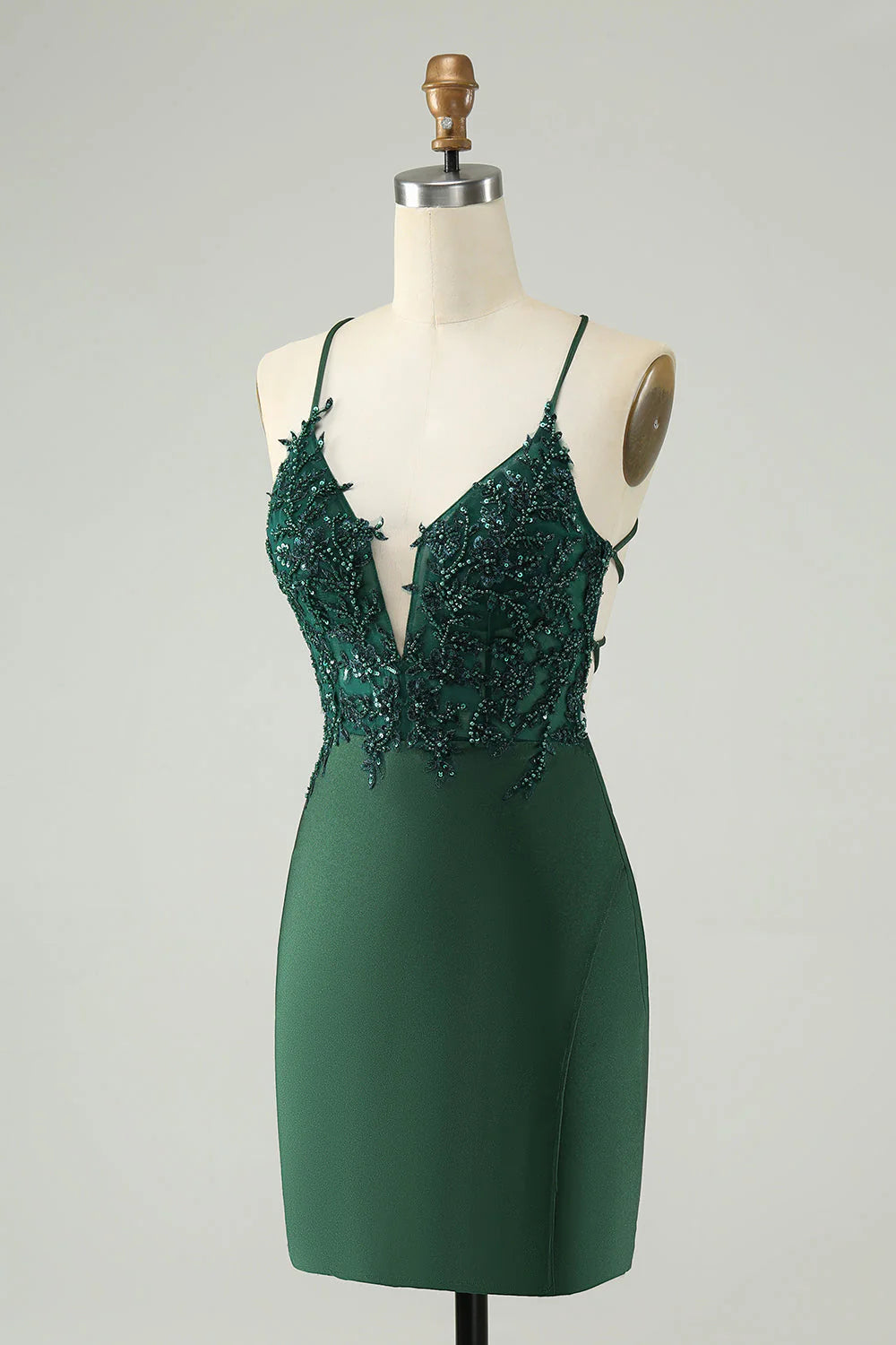 Amzcw Stylish Dark Green Bodycon V Neck Short Homecoming Dress with Beading