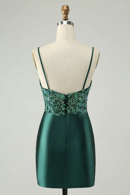 Amzcw Glitter Dark Green Tight V Neck Short Homecoming Dress with Sequins