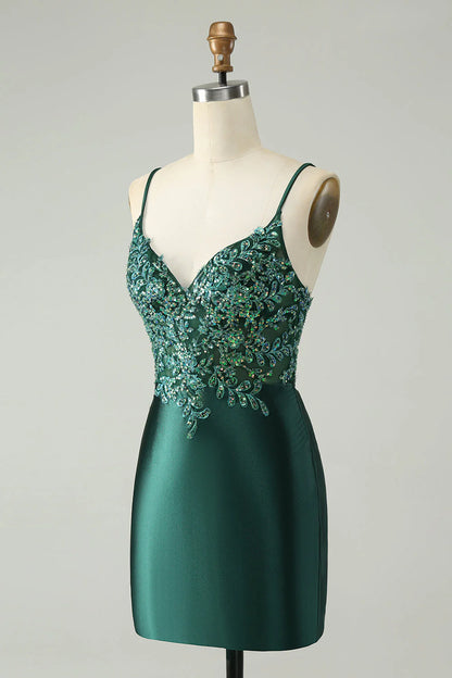 Amzcw Glitter Dark Green Tight V Neck Short Homecoming Dress with Sequins